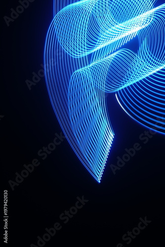 Electric blue light trails against a deep black background