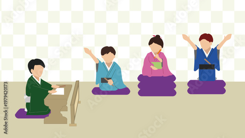 着物を着た落語家が大喜利をしているイラスト