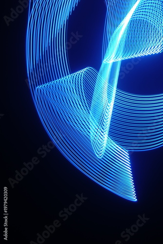 Electric blue light trails against a deep black background