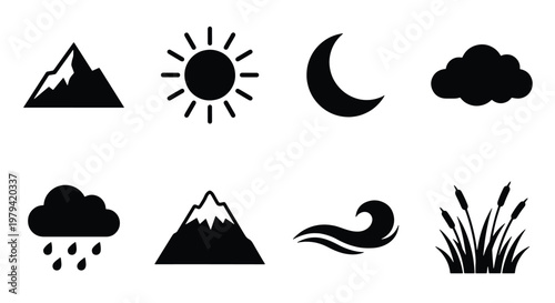 Minimalist nature icons set, black weather symbols, outdoor landscape elements