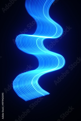 Electric blue light trails against a deep black background