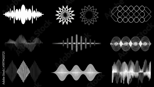 Abstract geometric designs featuring waveforms and starburst patterns on black