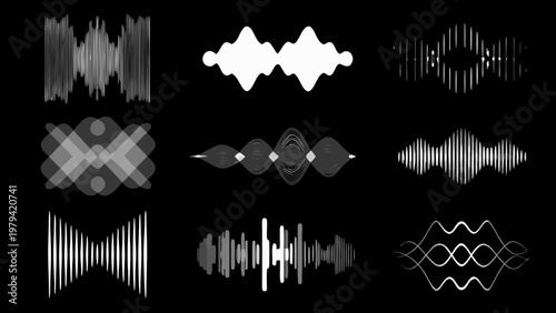 Abstract waveforms and sound visualizations in grayscale patterns