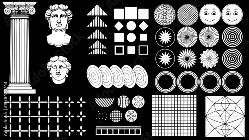 Collection of geometric shapes busts and architectural elements in black and white