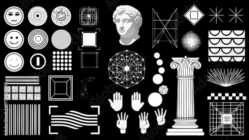 Collage of classical and geometric shapes in black and white