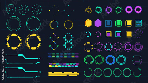 Abstract futuristic user interface elements in neon colors on a dark background