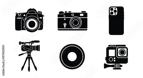 Photography camera icon set, digital video equipment, 6 black vector symbols