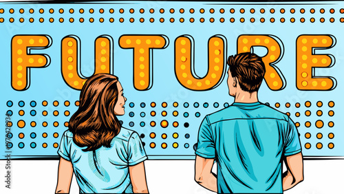 Couple gazing at a large illuminated future sign in a pop art style