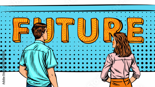 Couple gazing at a large colorful future sign in a pop art style