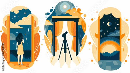 Three doorway scenes depict stargazing photography and a dreamy nightscape