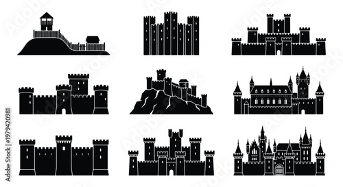 Medieval castle silhouettes, 9 fortress icons, black palace vector set