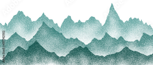 Mountain ridge silhouette with geometric dot pattern and gradient sunrise vector illustration creating abstract panoramic landscape background for artistic design projects and creative templates.