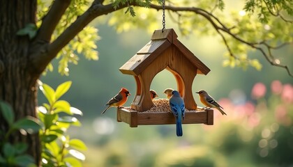 Small birds gather at a wooden feeder hanging from a tree branch. Different bird species eat seeds in a sunny garden. Nature scene attracts avian wildlife, offering food and sanctuary.