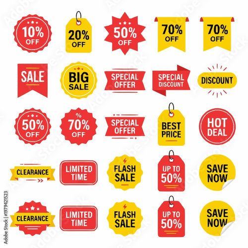 Collection of discount sale tags and stickers with various percentage offers for marketing and advertising use