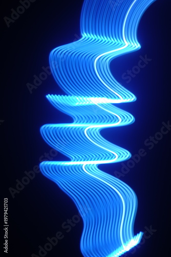 Electric blue light trails against a deep black background