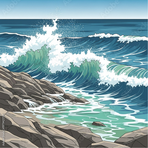 Ocean Waves Crashing on Rocky Coastline.