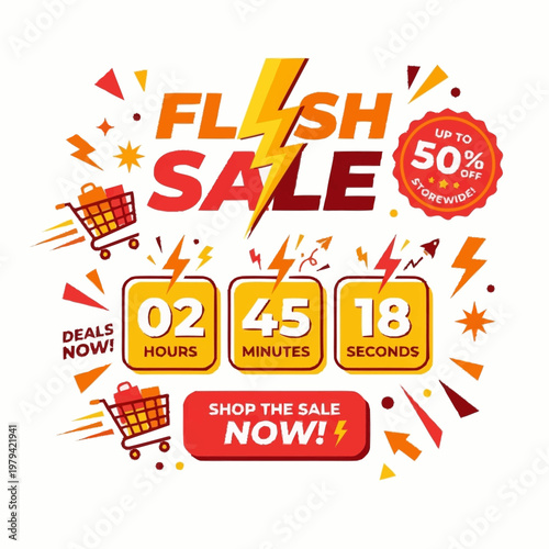 Flash sale vector graphic illustration with shopping carts and lightning bolts indicating a limited time offer with up to fifty percent off storewide
