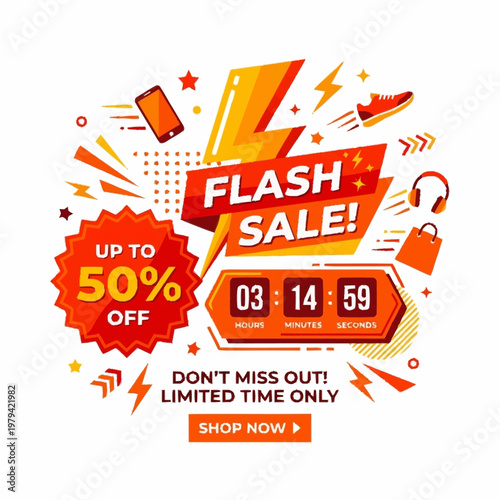 Flash sale vector graphic illustration with up to 50 percent off and countdown timer for limited time shopping