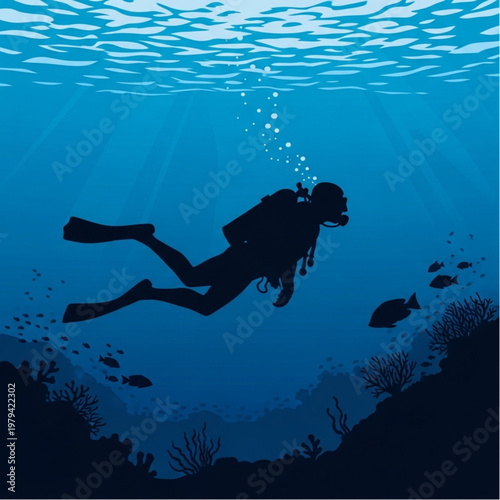 Scuba Diver Exploring Underwater Ocean Scene.