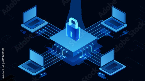 Cybersecurity concept featuring laptops a padlock and digital network connections
