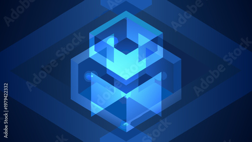 Abstract geometric design featuring layered blue shapes and glowing effects
