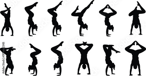 Handstand silhouettes illustration, gymnastics poses, yoga balance, acrobatics strength, flexibility training, fitness exercise, body control, athletic performance, inverted posture