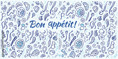 Hand drawn doodle pattern with french phrase bon app tit text