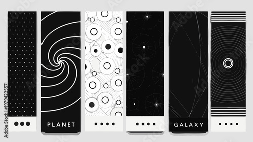 Abstract black and white patterns resembling planets and galaxies