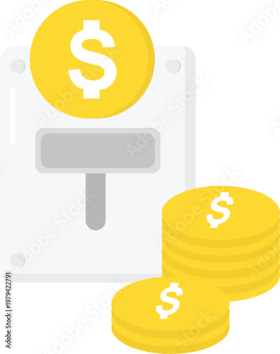 Vector illustration of an arcade coin slot machine with gold coins, representing game center payment, coin-operated machines, and entertainment industry. 
