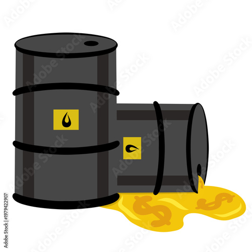 Oil barrels leaking with money symbol, representing financial loss, oil price volatility, and global economic crisis driven by energy market instability.