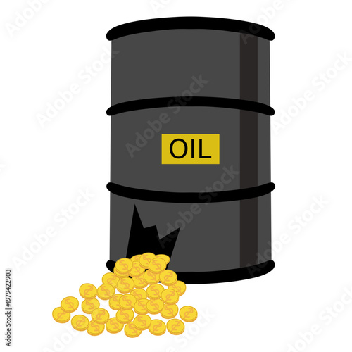 Oil barrels leaking with money symbol, representing financial loss, oil price volatility, and global economic crisis driven by energy market instability.