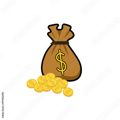 Money bag with dollar sign and gold coins, symbolizing savings, wealth, financial growth, income and smart money management concept.