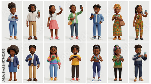 Set of 14 diverse African American 3D cartoon characters in various casual poses using smartphones, taking selfies and pointing on white background for digital design.