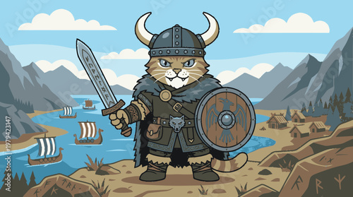 Charming Cartoon Viking Cat Warrior with Horned Helmet, Sword, and Shield in a Scenic Nordic Fjord Landscape Illustration
