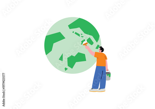 地球に緑を増やそうとする男性のイラスト