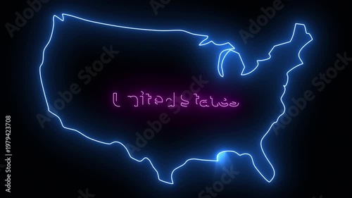 Neon outline map of the United States glowing in blue with Arabic text in the center, futuristic digital style with dark background, vibrant light effect