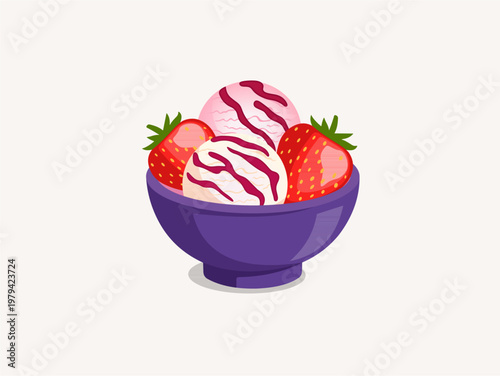 Strawberry and Vanilla Ice Cream Scoops in Purple Bowl with Fresh Strawberries