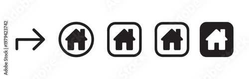 Home icon with arrow and rounded square frames flat design vector illustration set.