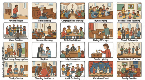 Set of 20 vintage style Christian church community scenes featuring personal prayer, Bible study, worship, baptism, candle lighting, charity service and family devotion.