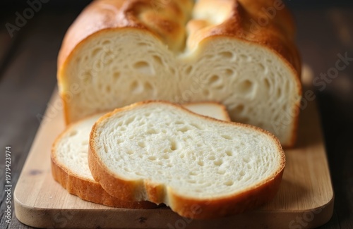 Loaf of sliced white bread on a wooden cutting board. Freshly baked bread with a golden crust and soft interior texture. Perfect for sandwiches, toast, or as a side dish.