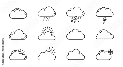 Weather icons, cloud symbols, forecast signs, line art graphics, weather conditions