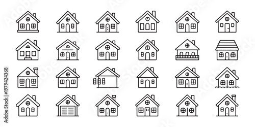 Large collection of thirty-six outline house icons showing diverse residential architecture.