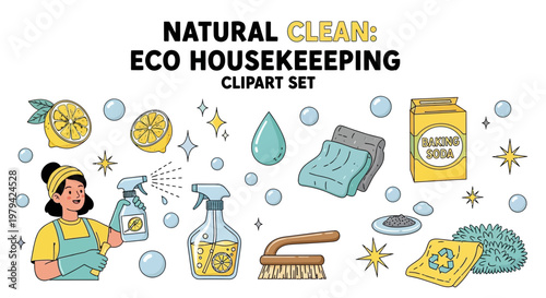 A collection of ecofriendly cleaning supplies and a person spraying them presented as a flat vector illustration