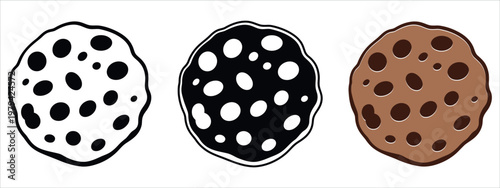 Flat lay illustration of three distinct cookie varieties: chocolate chip, vanilla cream, and chocolate crunch. Ideal for food packaging, bakery branding, recipe blogs, and dessert-themed marketing.