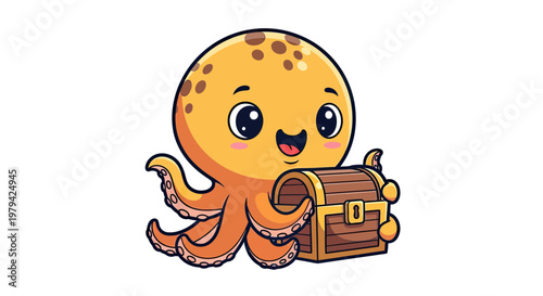 Cute Cartoon Octopus Holding a Wooden Treasure Chest Vector Illustration Isolated on White