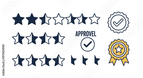 Approval rating stars and check marks.