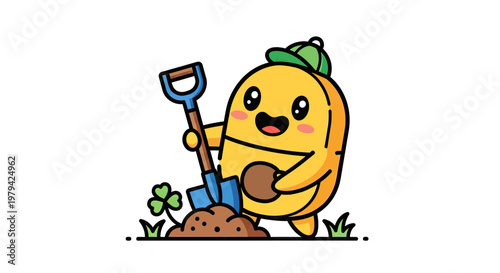 Cute Potato Mascot Character Gardening with Shovel and Green Cap Vector Illustration