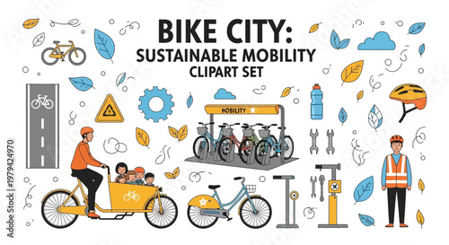 A collection of vector illustrations depicting bicycle culture including bike racks riders repair tools and signage