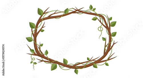Botanical Wreath Frame Made of Intertwined Tree Branches and Green Vines with Leaves Isolated on White