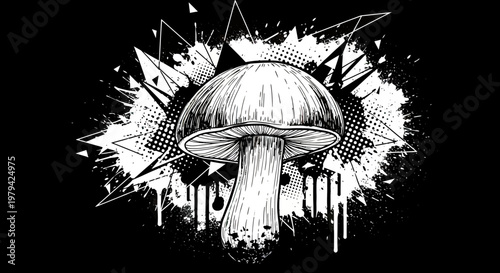 Stylized Mushroom Vector Illustration in Black and White with Grunge Splatters and Geometric Background